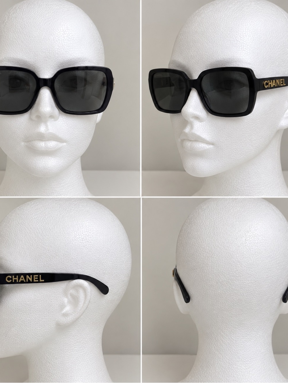 CHANEL Black Square Sunglasses with Gold Logo Temples
